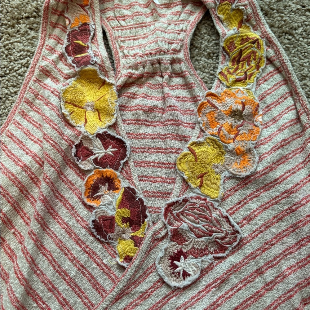 Free People Pink Striped Tank with Floral Embroidery Size Small - Picture 3 of 4